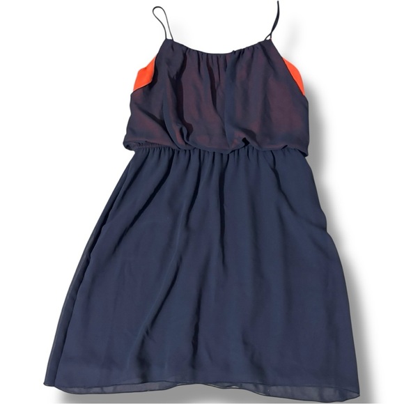 Sweet Storm Sheer Navy Blue Over Orange Gathered Waist Sleeveless Mini Sundress - Picture 8 of 14